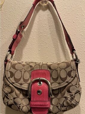 Coach Beige Logo Shoulder Bag with Pink Trim